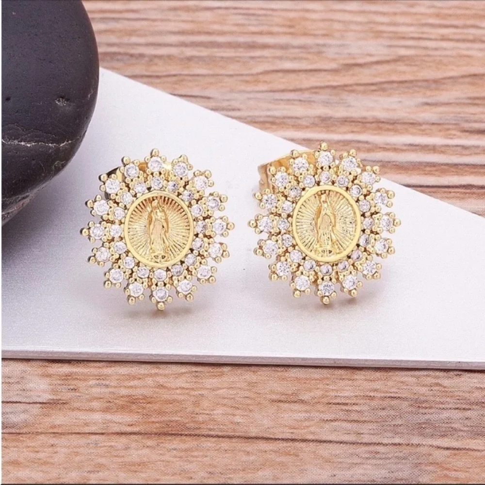 Gold plated virgin Mary CZ Earrings New Gorgeous catholic